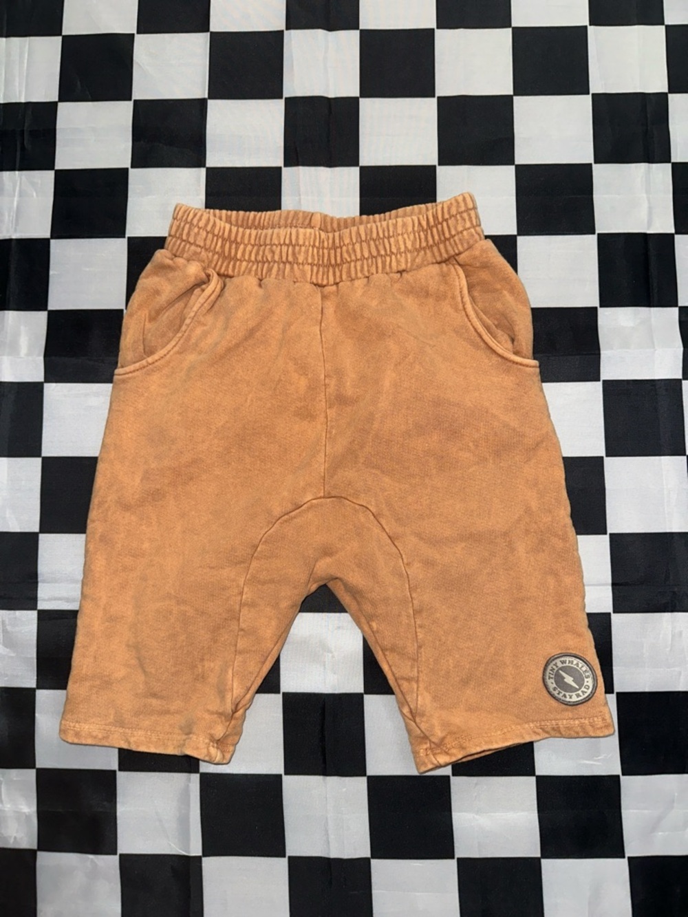 Tiny Whales Boys “Stay Rad” Long & Fitted Soft Pull-On Shorts in Rust / Gold 8